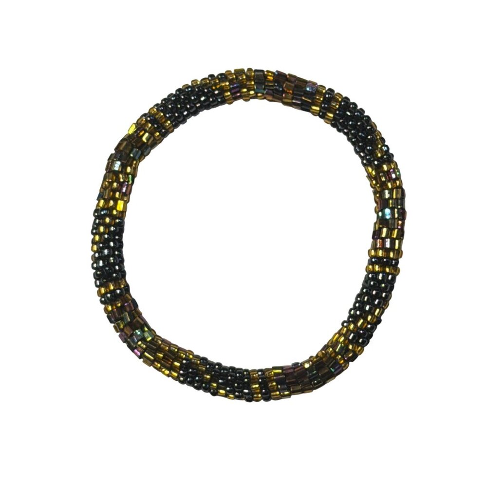 Sashka Bracelet Handmade Bohemian Chic Crochet Beaded Roll-On Black Gold 3"